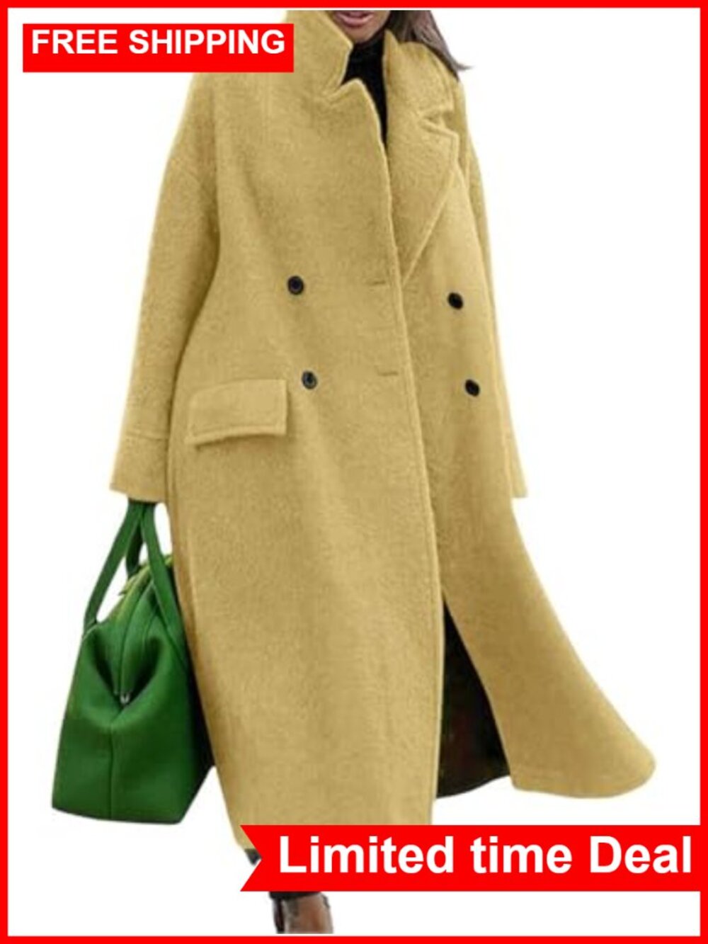 Women's Long Wool Blend Pea Coat Double Breasted Trench Overcoat